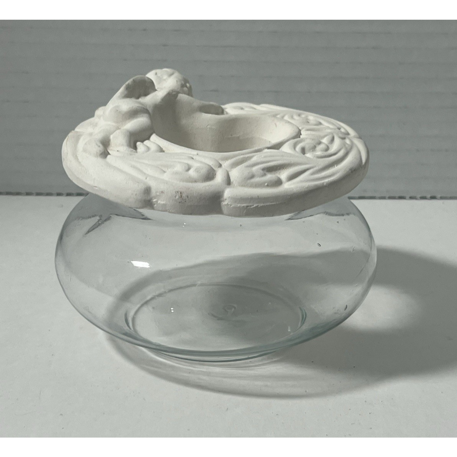 Vintage Glass Potpourri/Trinket Jar w/ Bisque Porcelain Lid w/ Resting Cherub