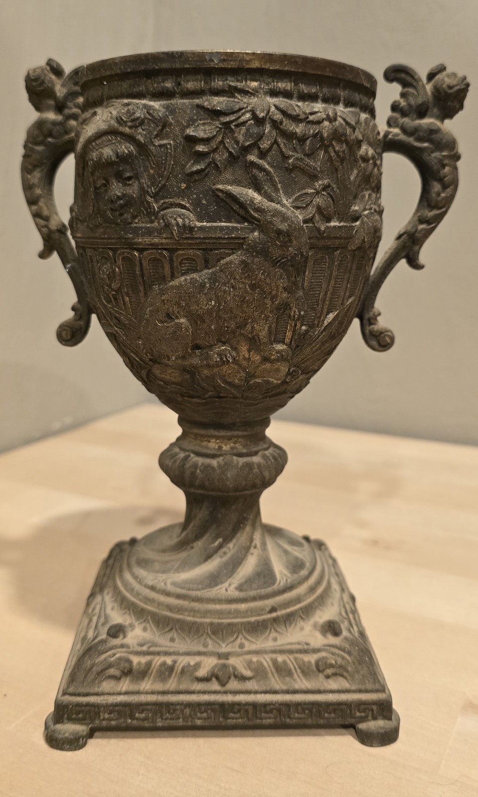 Antique Victorian Bronze Figural Urn Vase Rabbit Child Cherub Handles