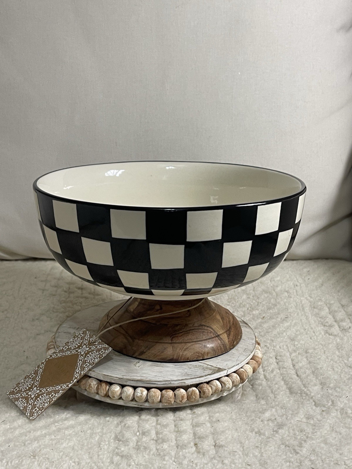 NEW Made In India Checkered Ceramic Bowl On Wooden Pedestal 9.5 WX 6 H Large