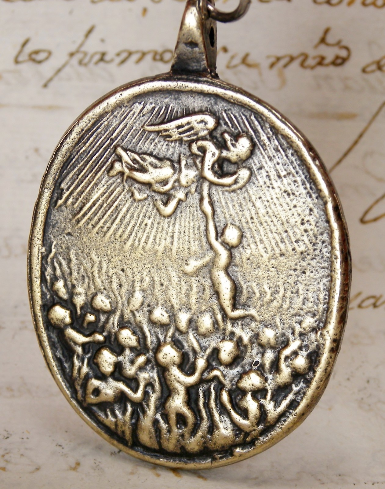 ANTIQUE 17TH CENTURY ANGEL GABRIEL SAVING PURGATORY SOULS FRANCIS BORGIA MEDAL