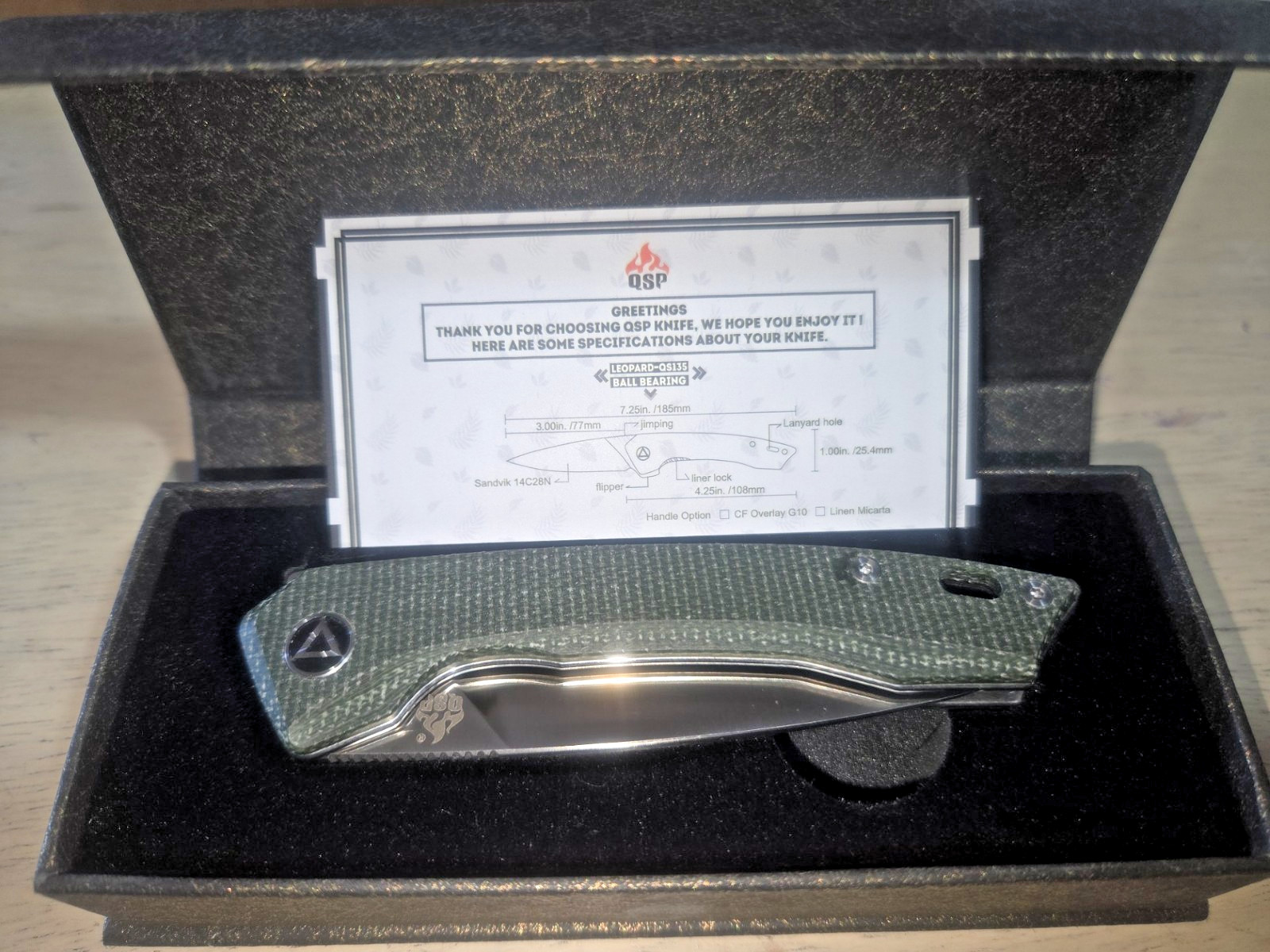QSP Leopard folder, Liner lock QS135-C 14C28N blade, Green Micarta handle, boxed