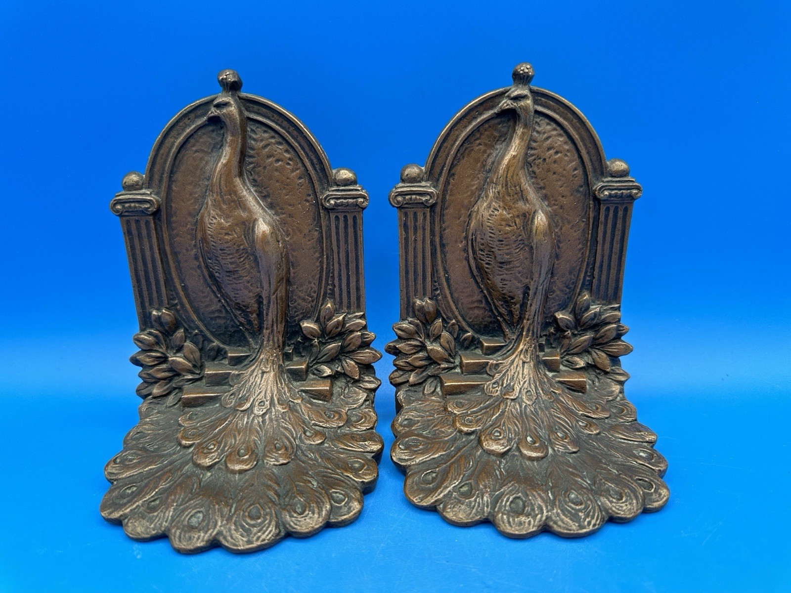 Pair of Antique Weidlich Bros Bronze-Clad Cast Iron PEACOCK Bookends