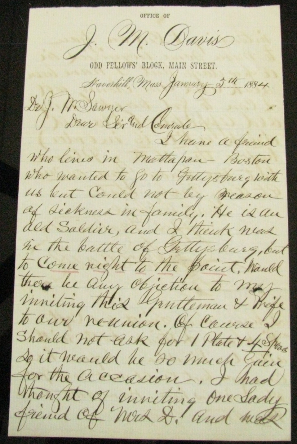 CIVIL WAR GETTYSBURG REUNION 1ST MASSACHUSETTS VOLUNTEERS LETTER 1884
