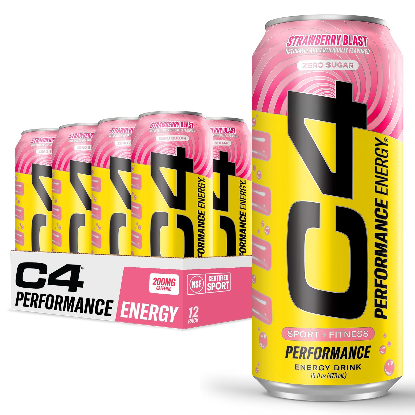 C4 Performance Energy Drink with Zero Sugar, Strawberry 16 Fl Oz (Pack of 12)
