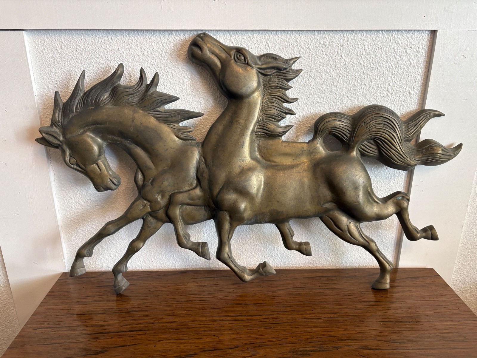 Stunning XL Vintage Mid Century Solid Brass Running Horses Wall Art Sculpture