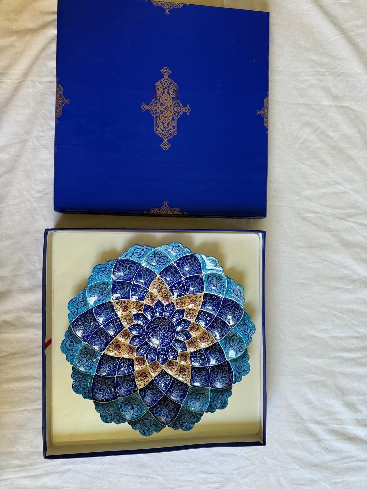 Vintage Persian Hand Painted Mandala Meenakari Plate Middle Eastern Folk Art