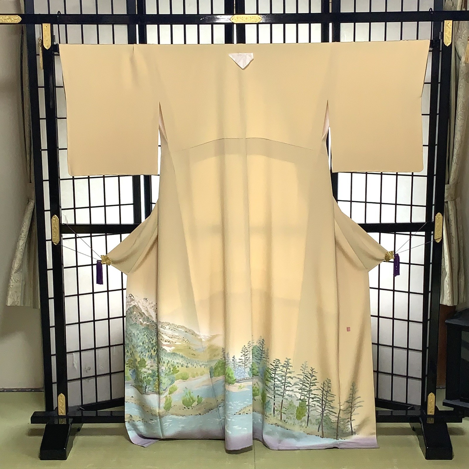 UNUSED Authentic Kaga Yuzen Silk Kimono by Kenichi Okubo  Iro-Tomesode Landscape