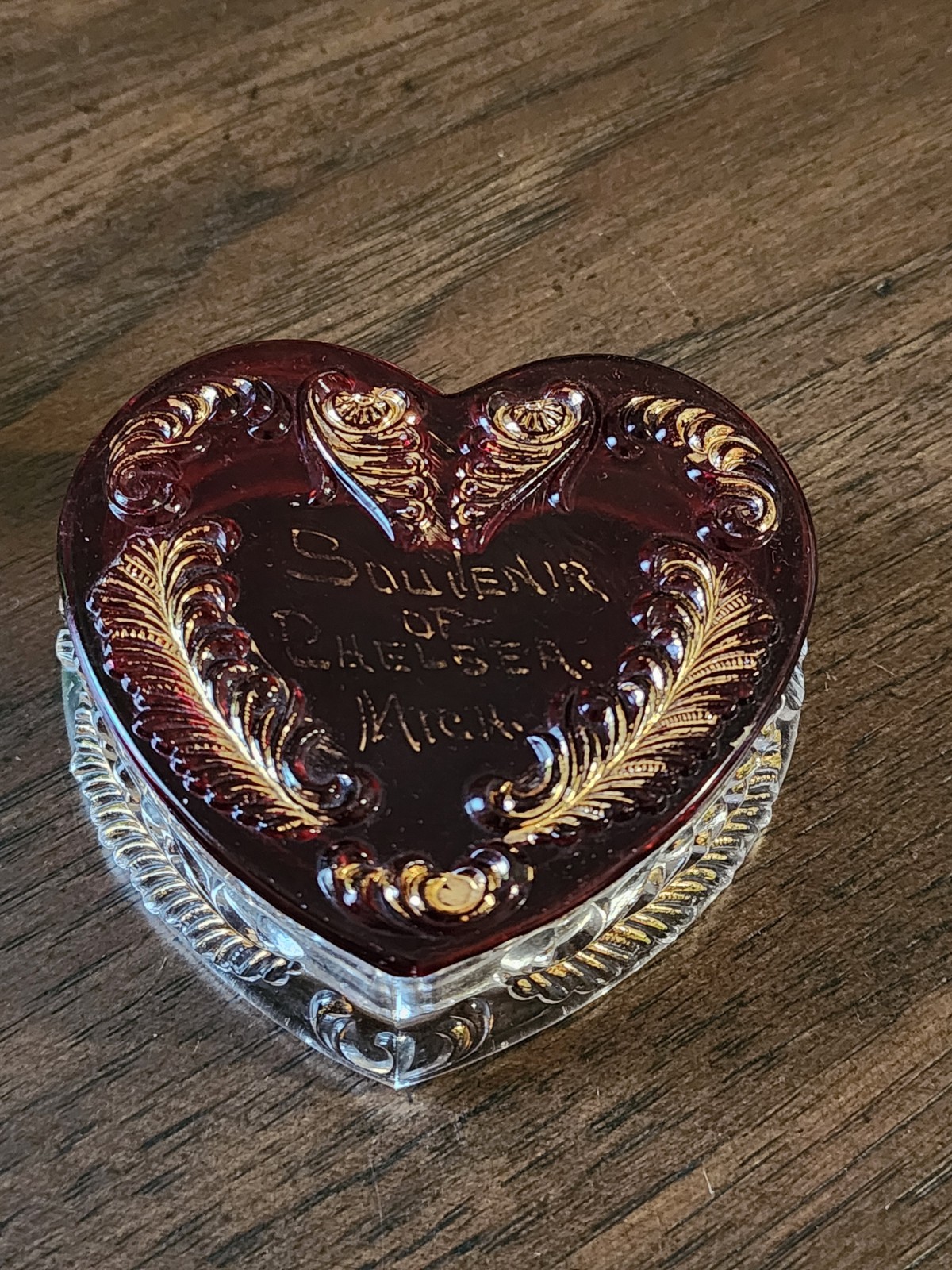 Antique EAPG Ruby Red Flash Glass Heart Shaped Keepsake Box - Chelsea, MICHIGAN 