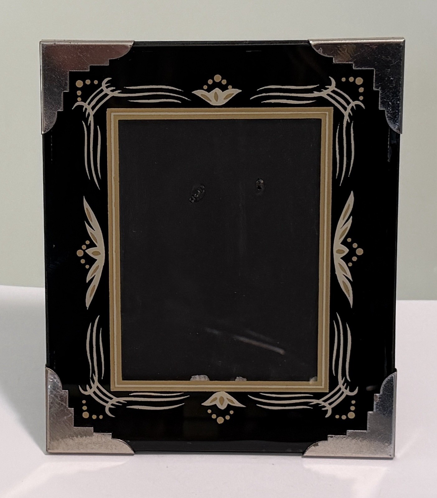 Vintage Art Deco Reverse Painted Picture Frame Black Gold Silver 5” x 6”