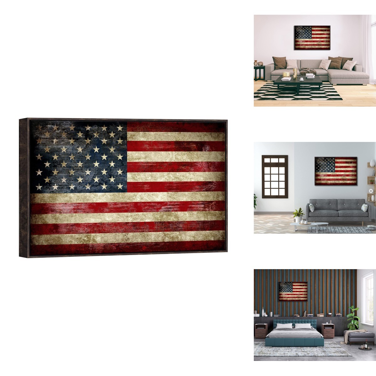 Pyradecor Walnut Framed Canvas Prints Large Old Vintage American Flag Wall Art