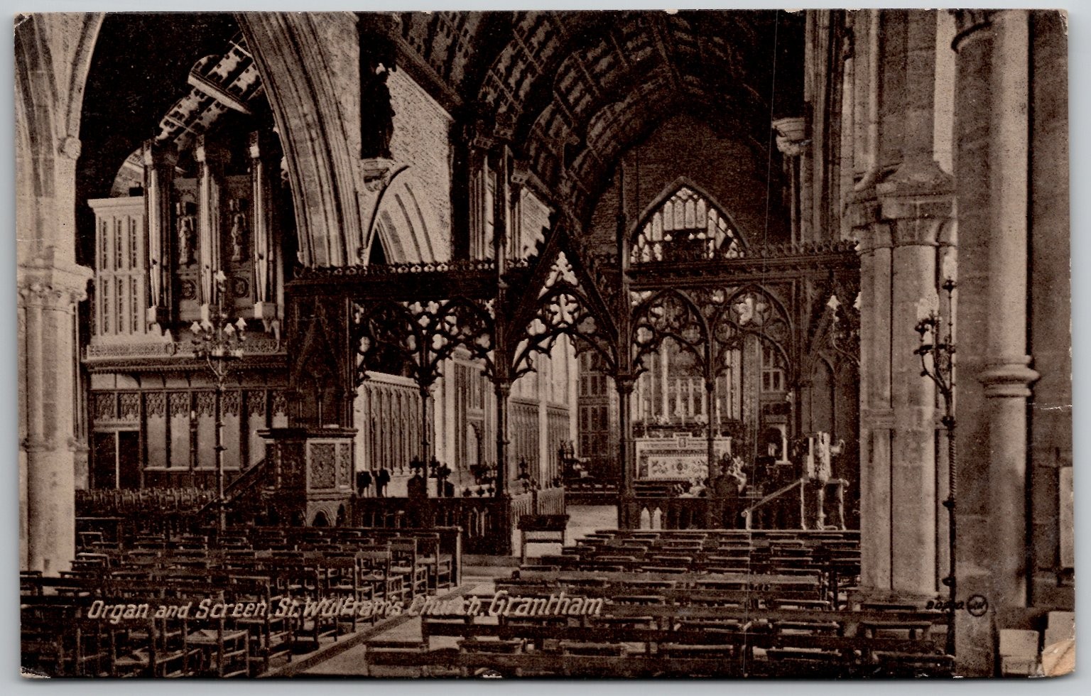 St Wulfram\'s Church Grantham Organ & Screen UK Posted Postcard c1910s