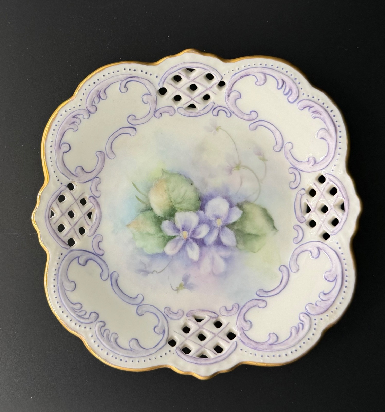 Small Vintage Hand-Painted & Signed Reticulated Porcelain Plate