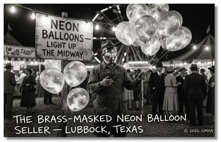 Vintage‑STYLE NEW ART 1930\'s RPPC-MASKED NEON BALLOON SELLER-LUBBOCK TEXAS-FAUX