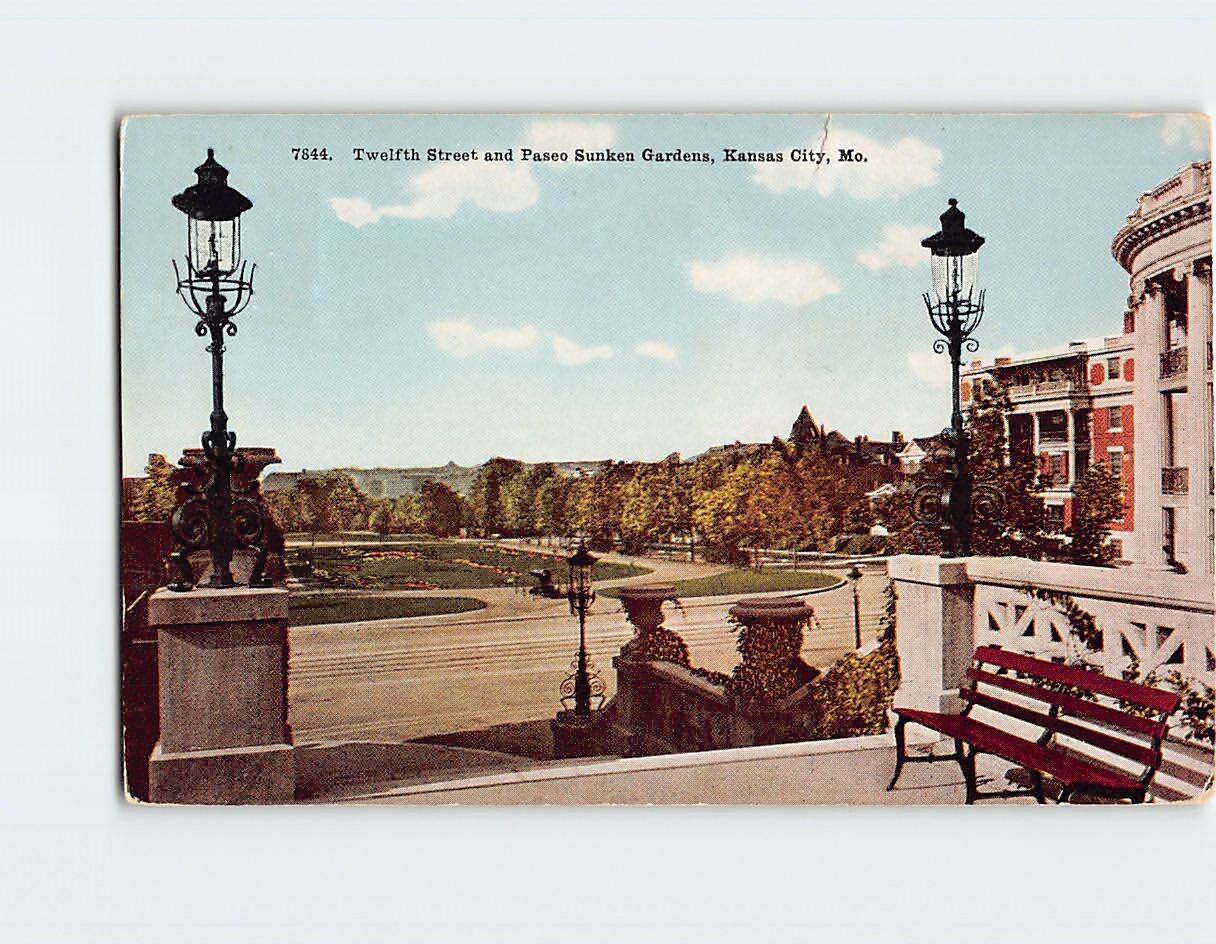 Postcard Twelfth Street and Paseo Sunken Gardens Kansas City Missouri USA