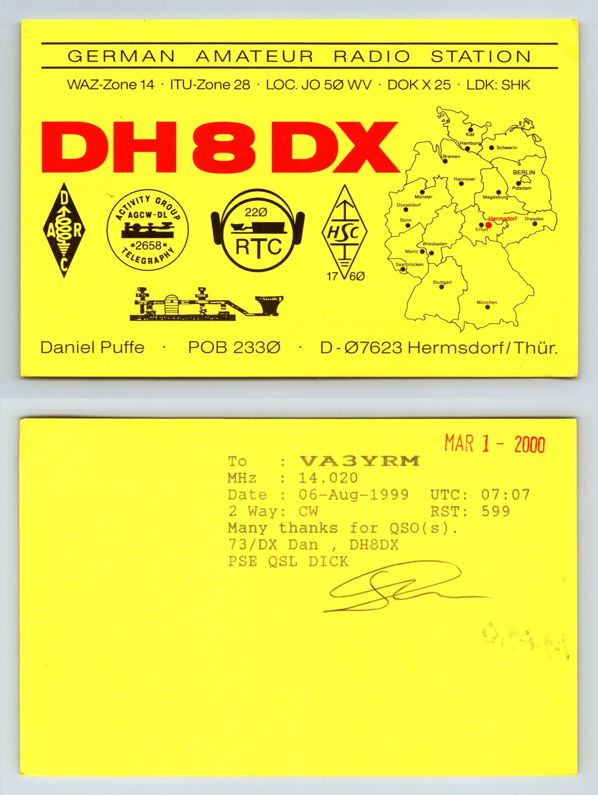 Ham Radio QSL QSO Postcard DH8 DX, Hermsdorf, Thüringen, Germany