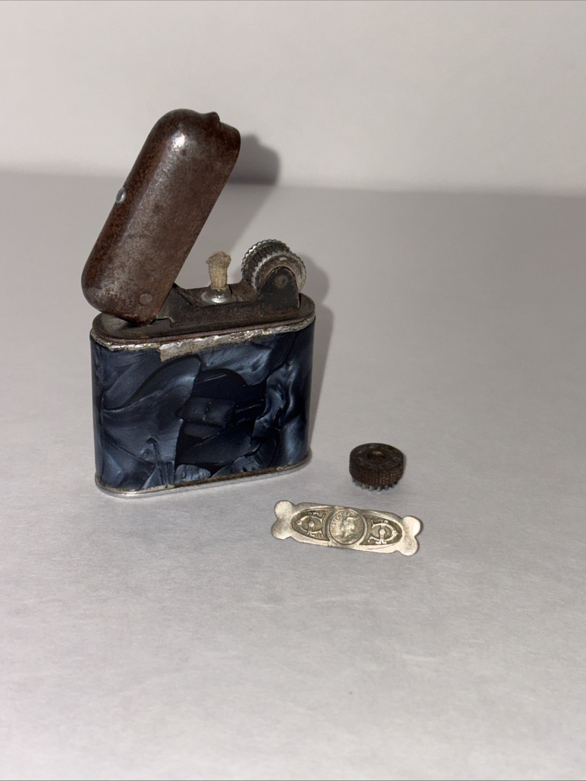 VTG  Art Deco French Lighter With Blue Celluloid Wrap. W/ Striker & Tax Seal 