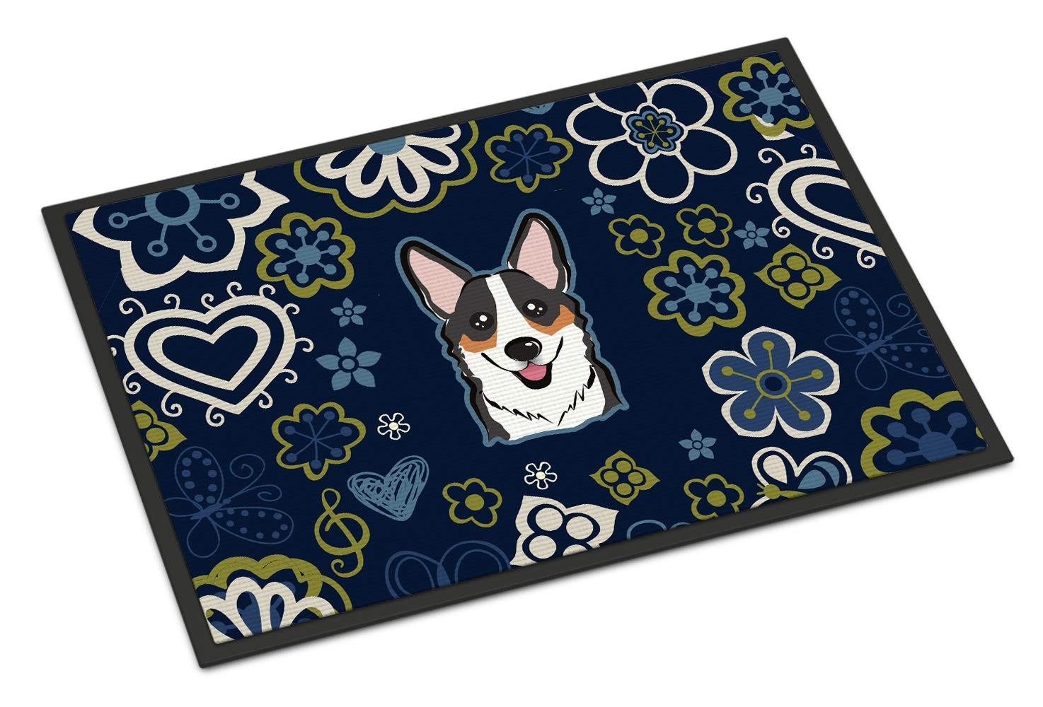 Caroline's Treasures BB5106MAT Blue Flowers Tricolor Corgi Doormat 18x27 Indoor