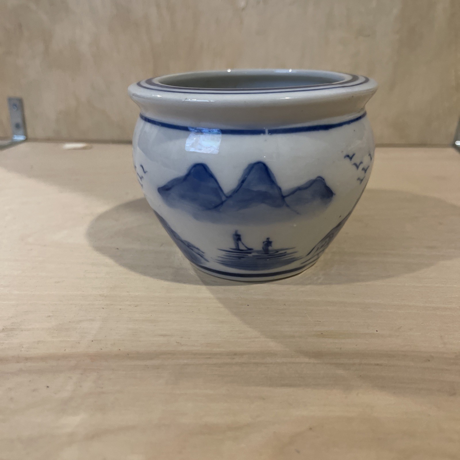 Vintage Chinese Blue & White Porcelain Mini Planter Cachepot Landscape 3.75\