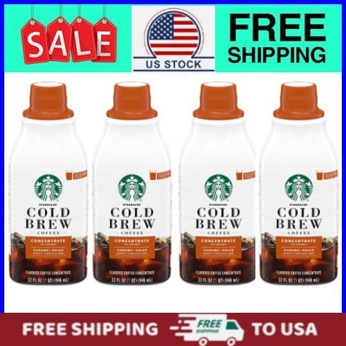 (4 pack) Starbucks Caramel Dolce Flavored, Cold Brew Coffee Concentrate 32 fl oz