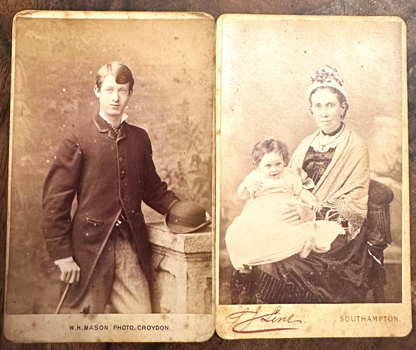 Victorian Sepia Portrait Cabinet Cards W.H. Mason & S.J. Line Lot of 2