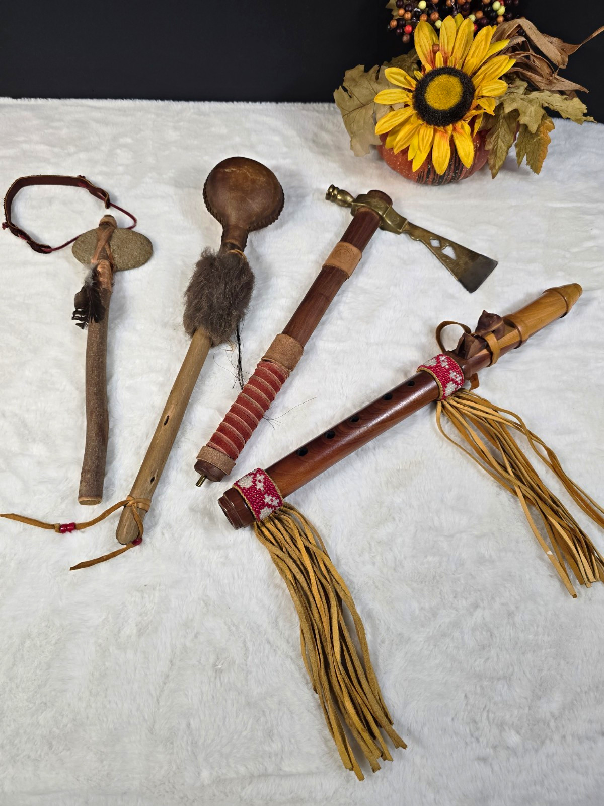 Lot of 4:  VTG Wooden Tomahawk/Hatchet Piece Pipe, Flute, Drum Rattle, Rock Club