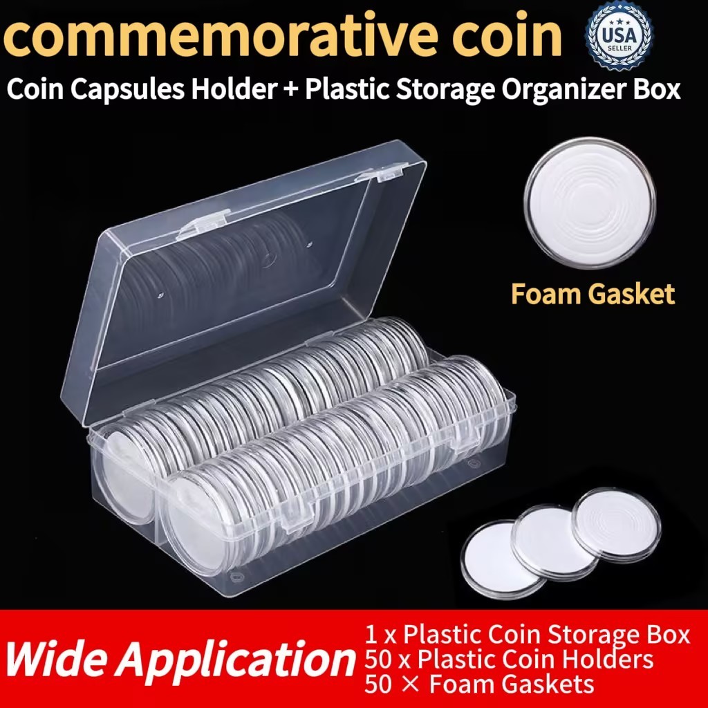 Clear 50 Pcs 40.6mm Coin Capsules with Foam Gaskets & Storage Box for Collectors