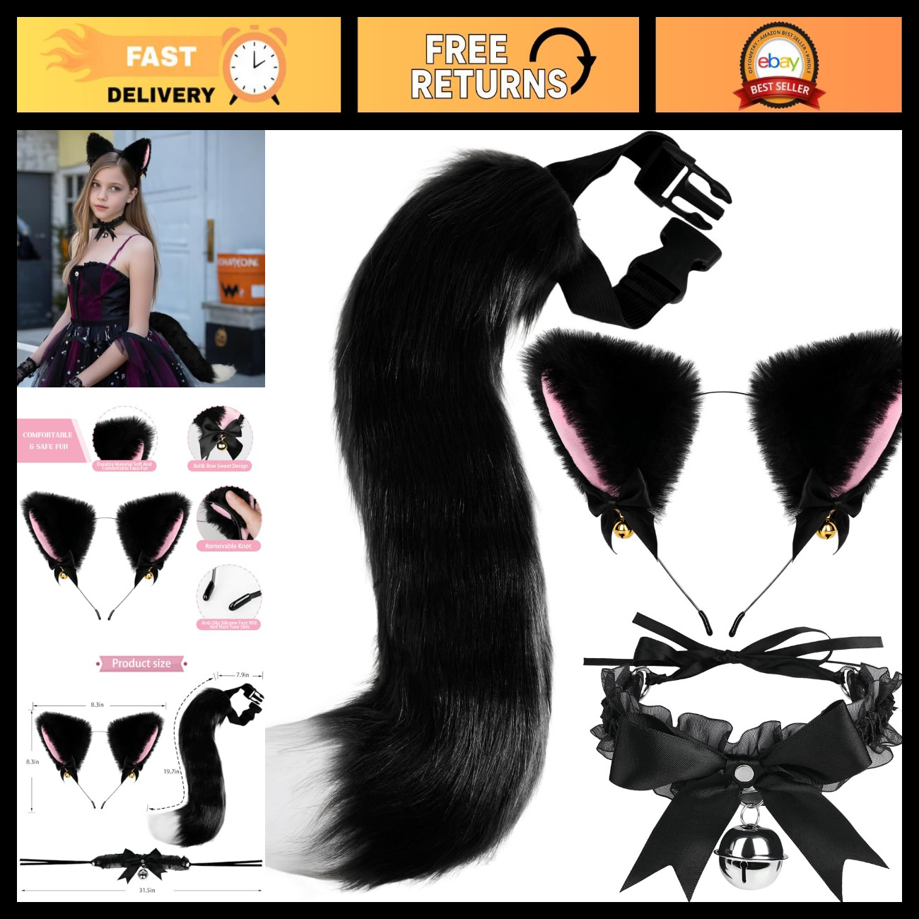 Cat Ears and Tail,Wolf Fox Ears Long Tail and Bell Lace Choker Set for Halloween