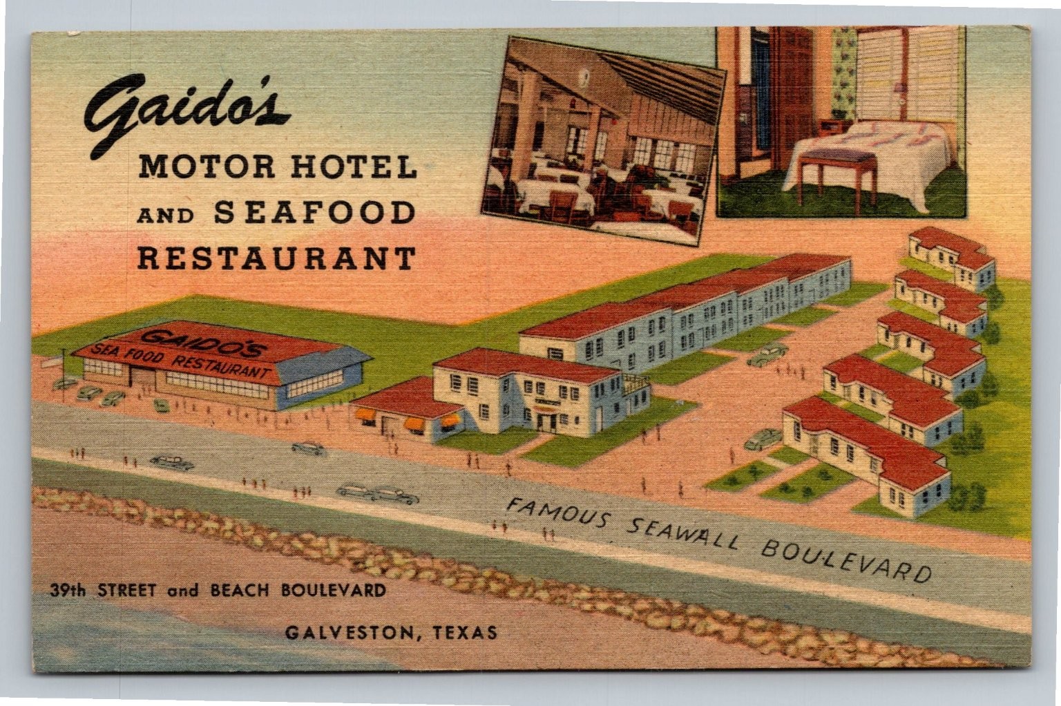 Gaido\'s Motor Hotel Restaurant Galveston Texas Seawall Vintage Postcard