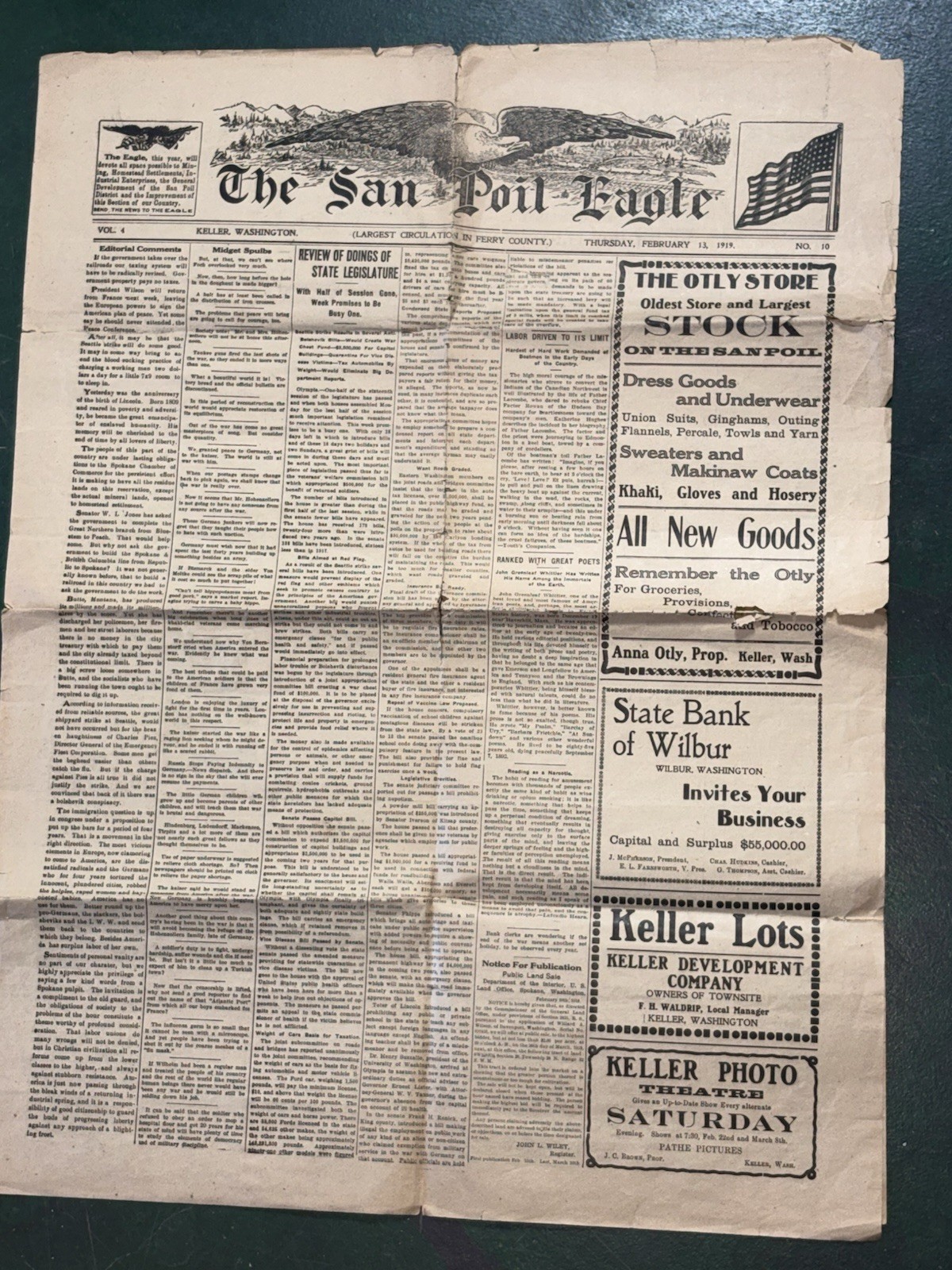 Vintage Feb. 1919 Keller Newspaper The San Poil Eagle Ferry County, Washington