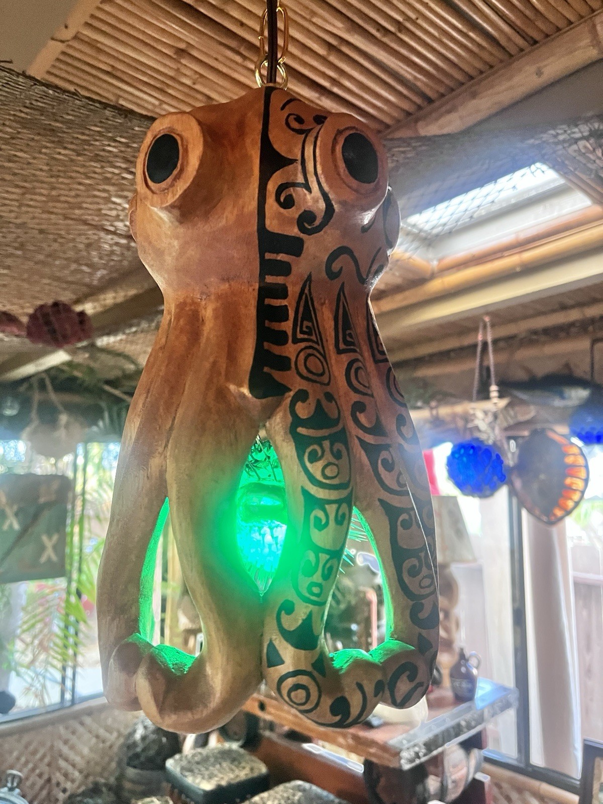 NEW Tattooed Octopus Lamp W/real Pufferfish  Green LED Tiki bar Oceanic