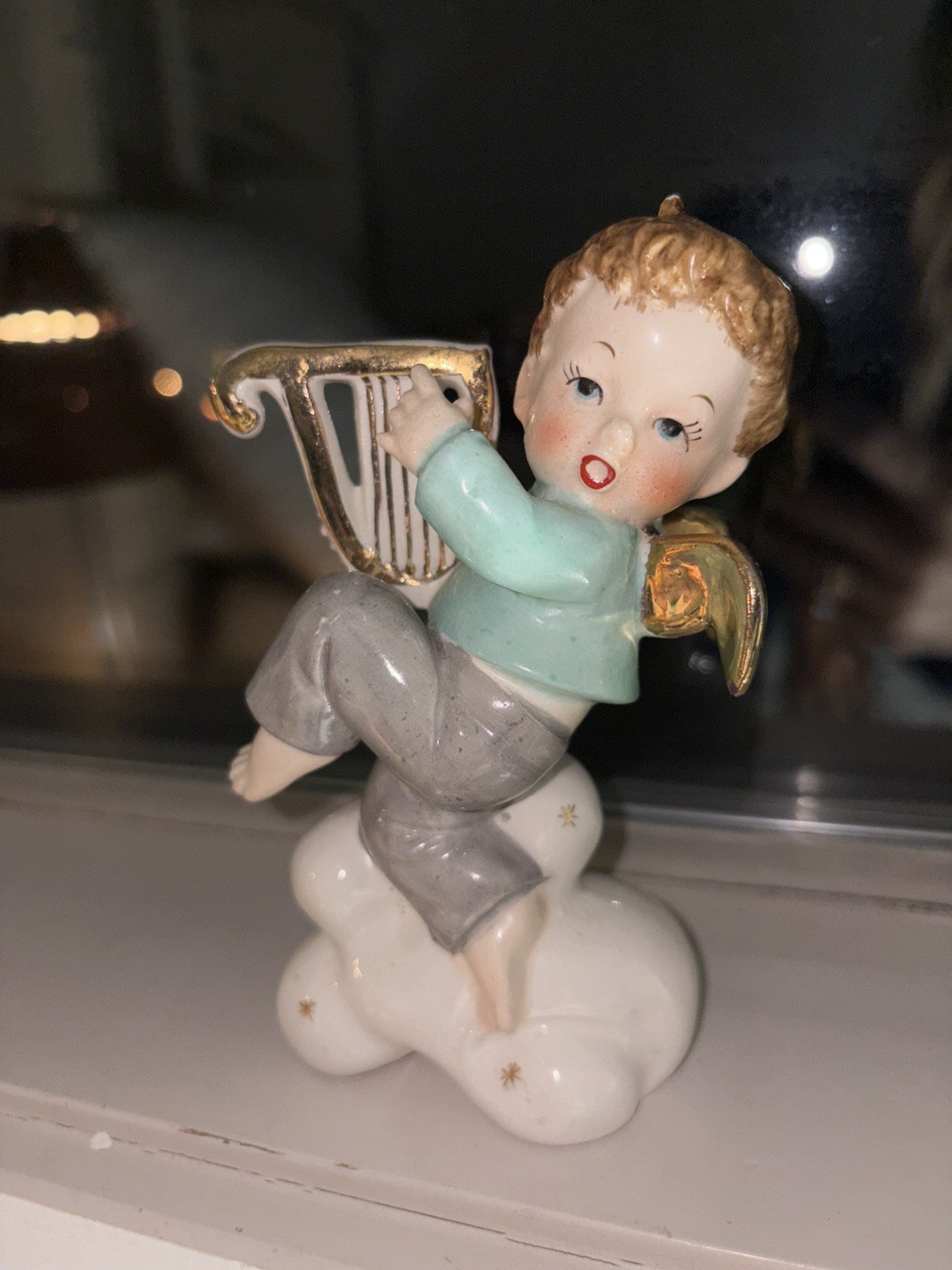Vtg Napco Christmas Little Boy Angel Dancing on Starry Cloud W Harp Gold Wings  