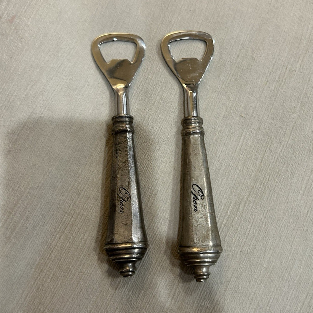 Lot of 2 Vintage Metal Beer Bottle Openers, Decorative Handles, Engraved
