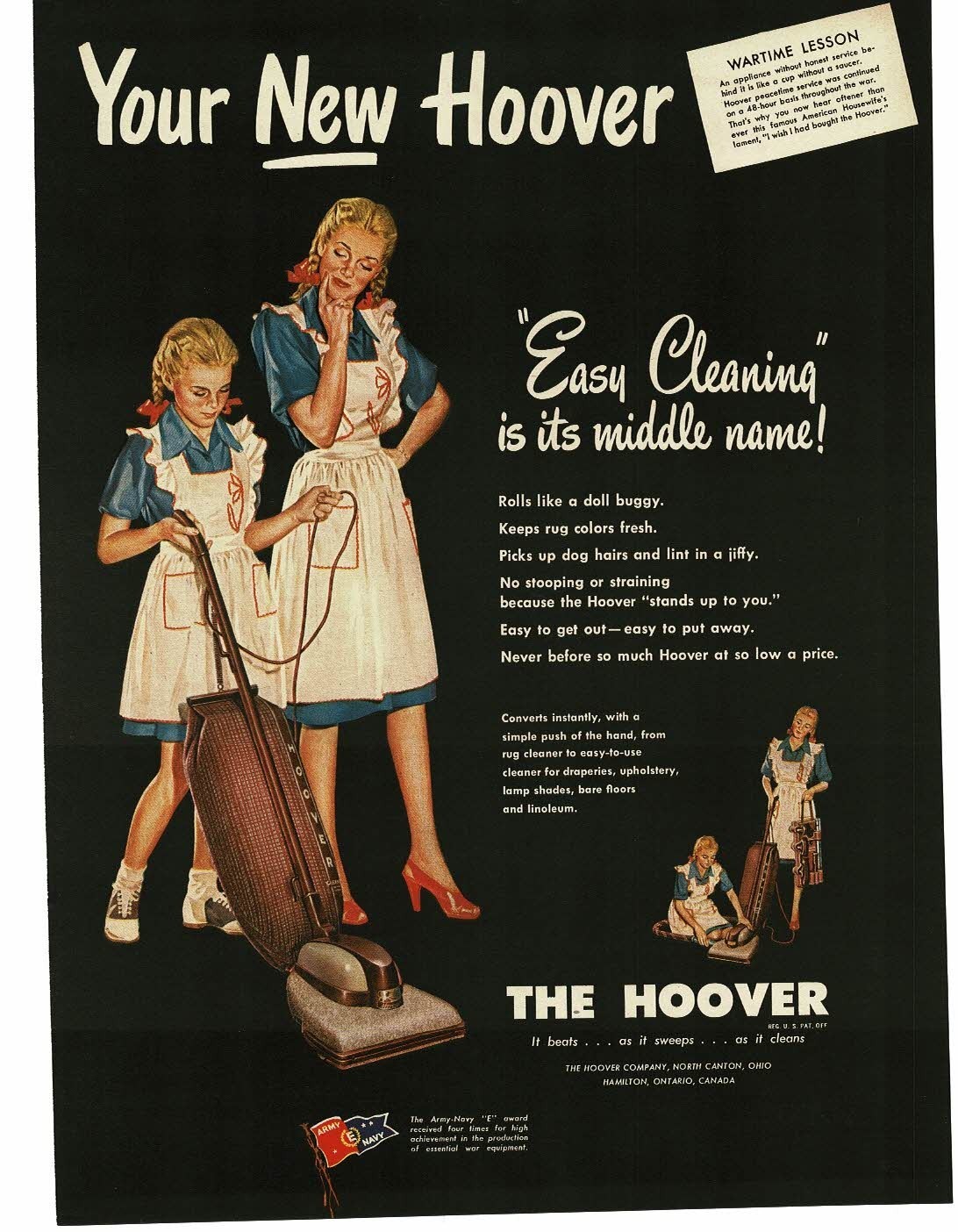 1945 Hoover Upright Vacuum Cleaner mother teaches daughter art Vintage Print Ad