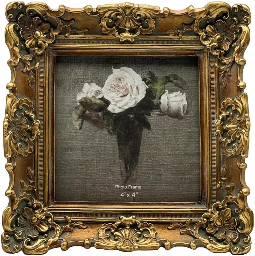4X4 Vintage Small Picture Frame, Antique Ornate Bronze Gold Square Photo Frame, 