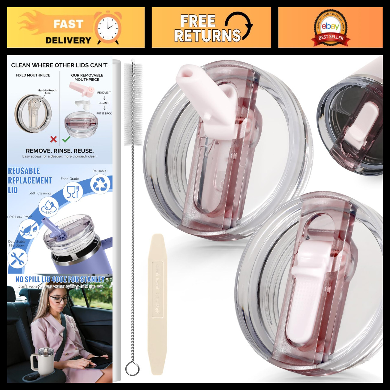 2 Pack 40 oz Detachable Flip Straw Lid Replacement for 40oz Stanley Quencher Pro