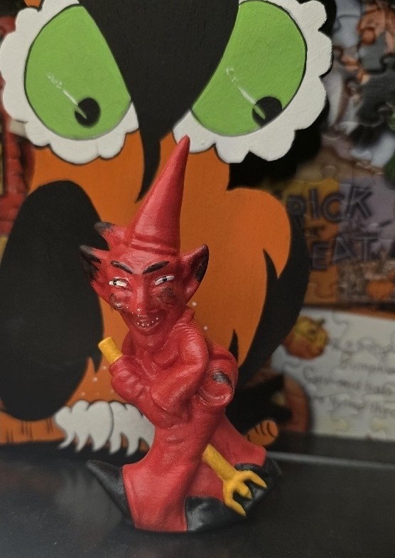 Vintage Halloween Inspired Red Imp Devil Figurine • Retro Halloween Handpainted 