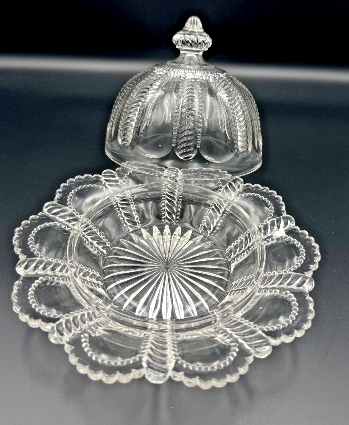Antique EAPG Dome Lidded Butter Cheese Dish Victorian Cottage Scalloped Beaded