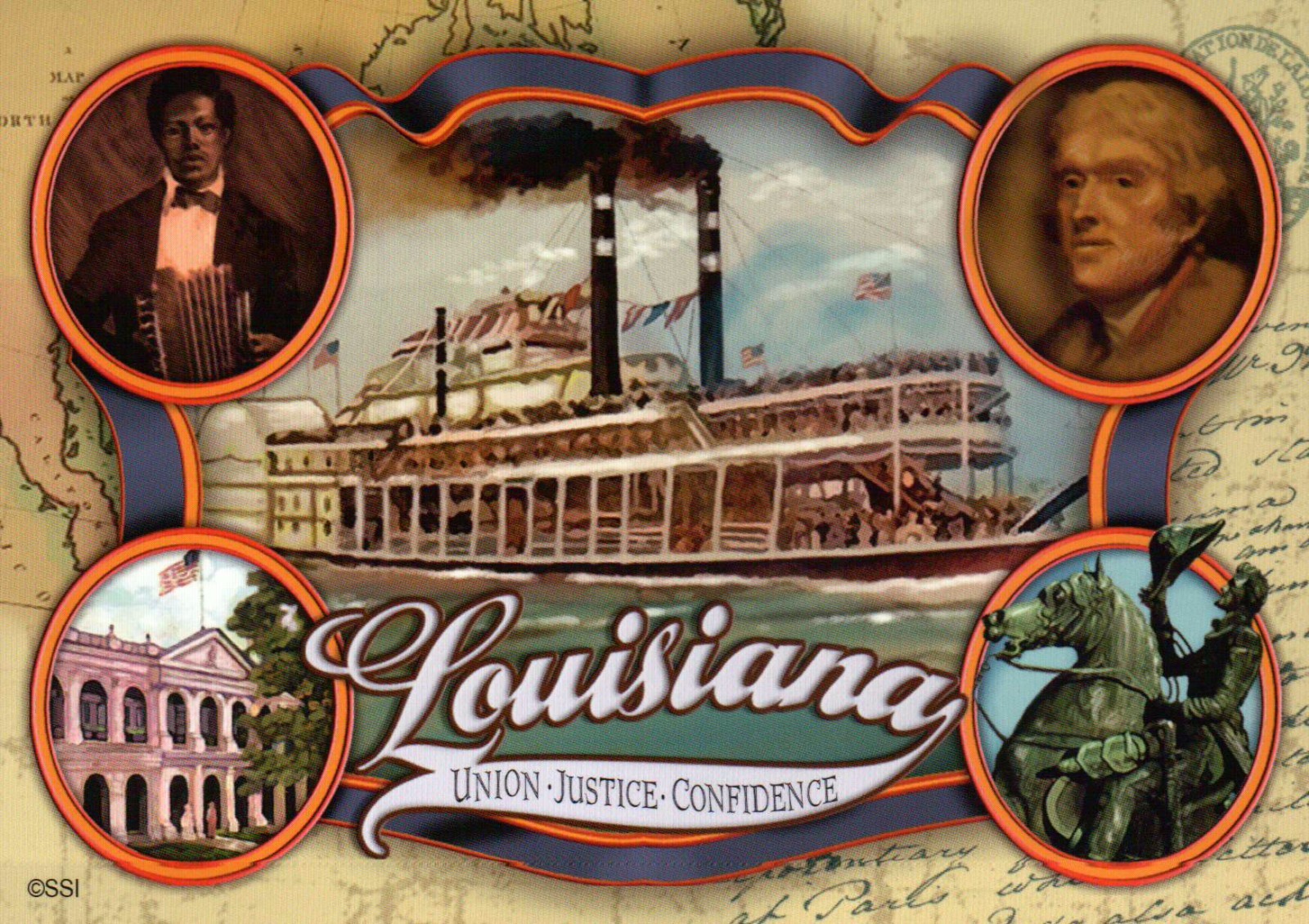 Louisiana Union - Justice - Confidence, Thomas Jefferson, Steamboat etc Postcard