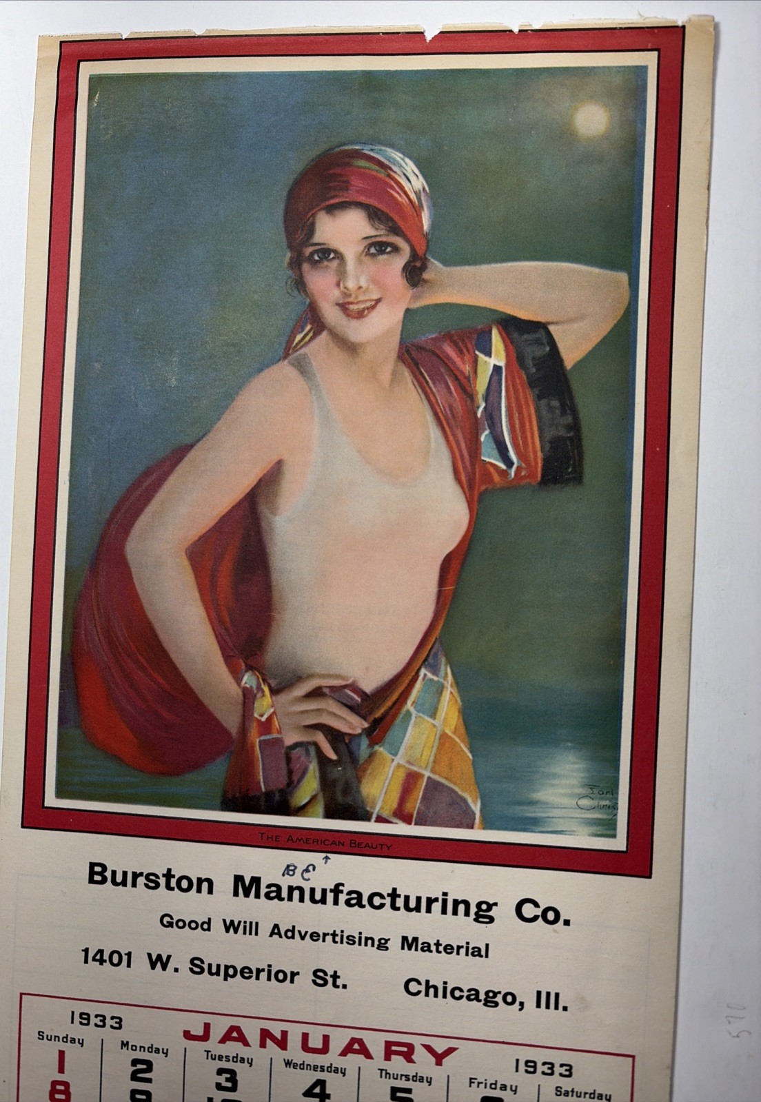 One Page 1933 Calendar Pin Up Flapper Girl Gypsy Bathing Beauty Earl Christy Art