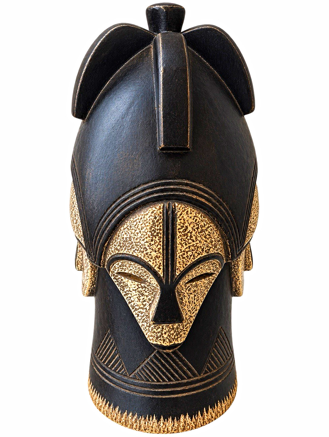 African Culture Wood Mask Decorative, Lega Hand Carved, Black/Tan Gold Accents