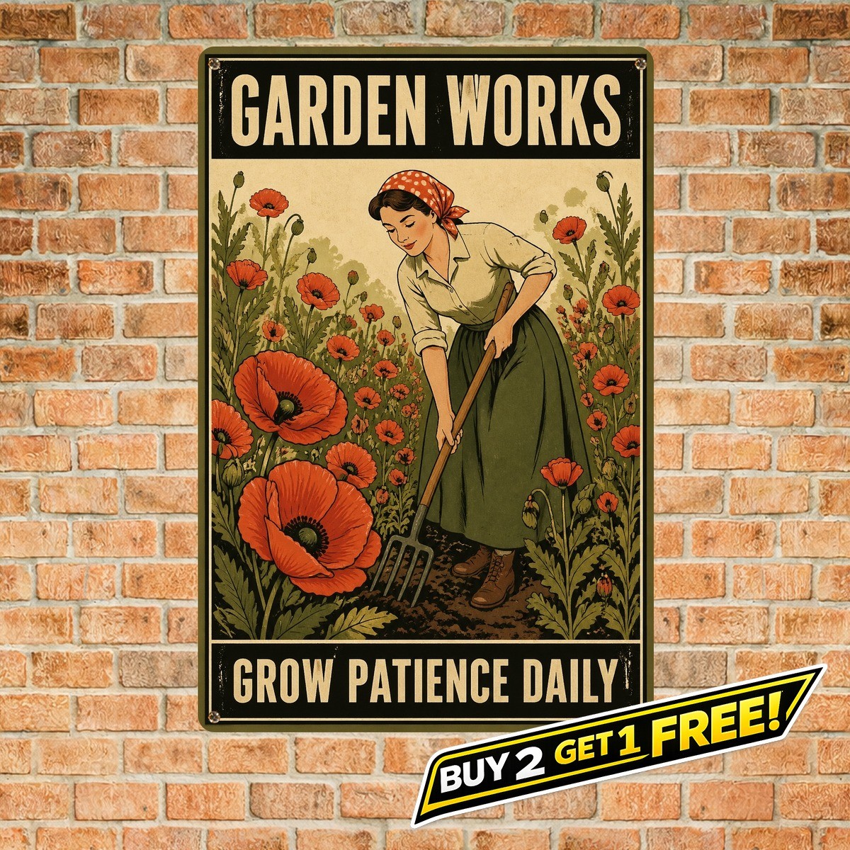 Lady with Poppies Sign Gardening Flower Theme Metal Wall Decor Plaque