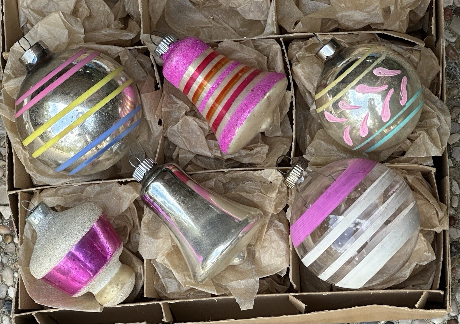 VTG Franke Corning Shiny Brite Mica Bell Stripes Unsilvered Glass Ornaments