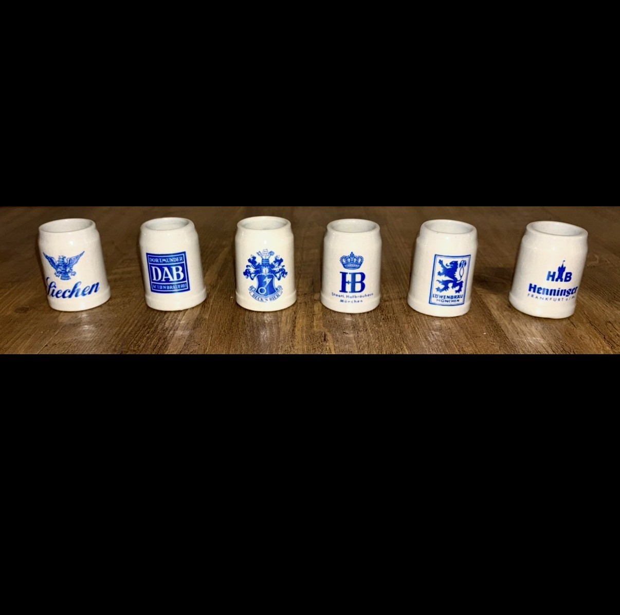 Lot of 6 Ceramic German Mini Beer Stein Shot Mugs White/Blue Advertising Mancave