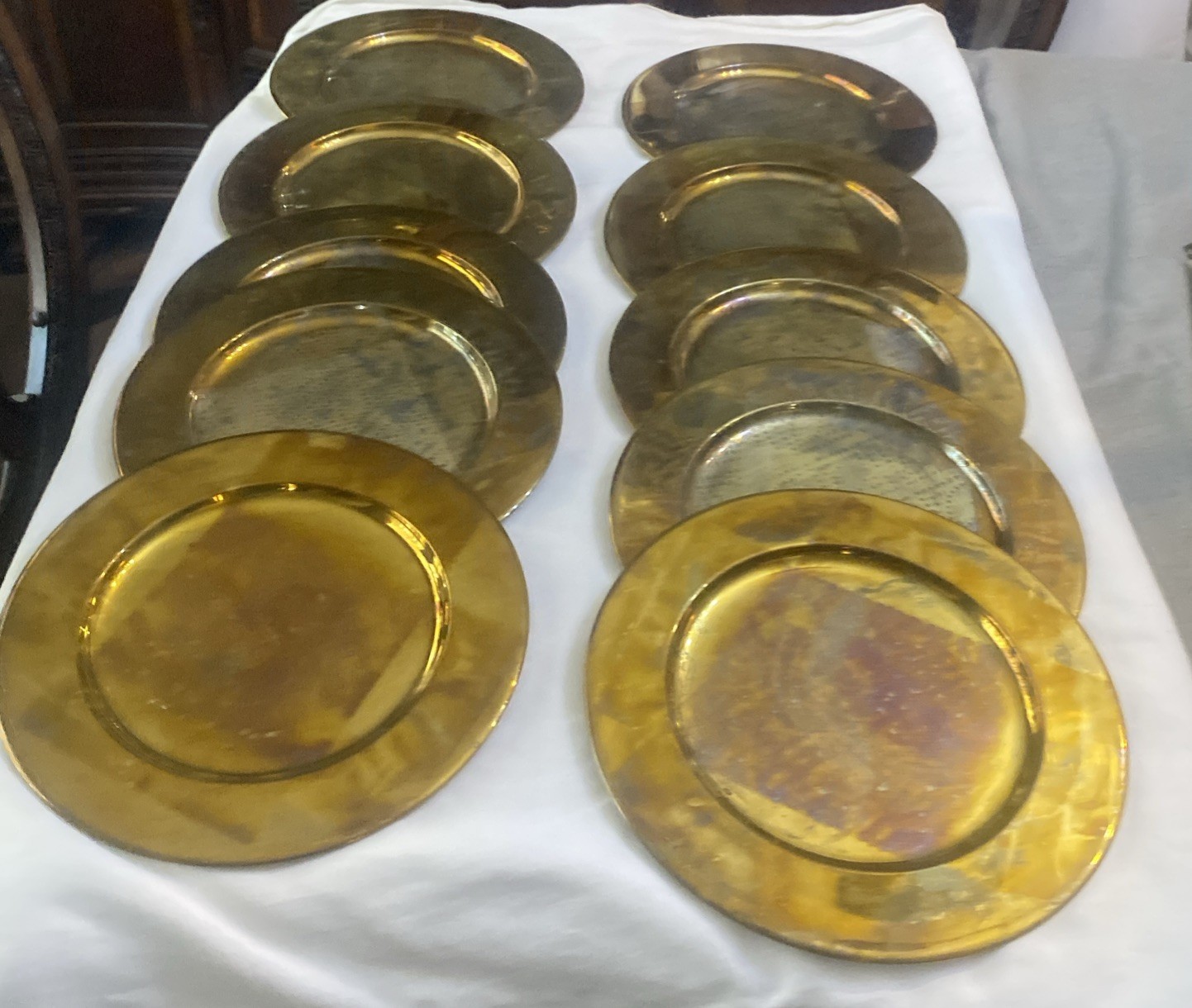 Vintage Brass Charger Hong Kong Event Plates Service Patina Set Of 10