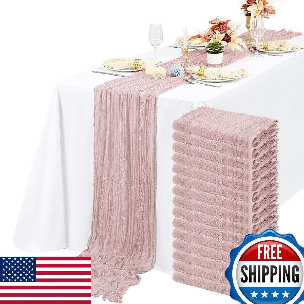 Lykoow 15 Packs Cheesecloth Table Runner Dusty Pink 10 Ft Boho Wedding