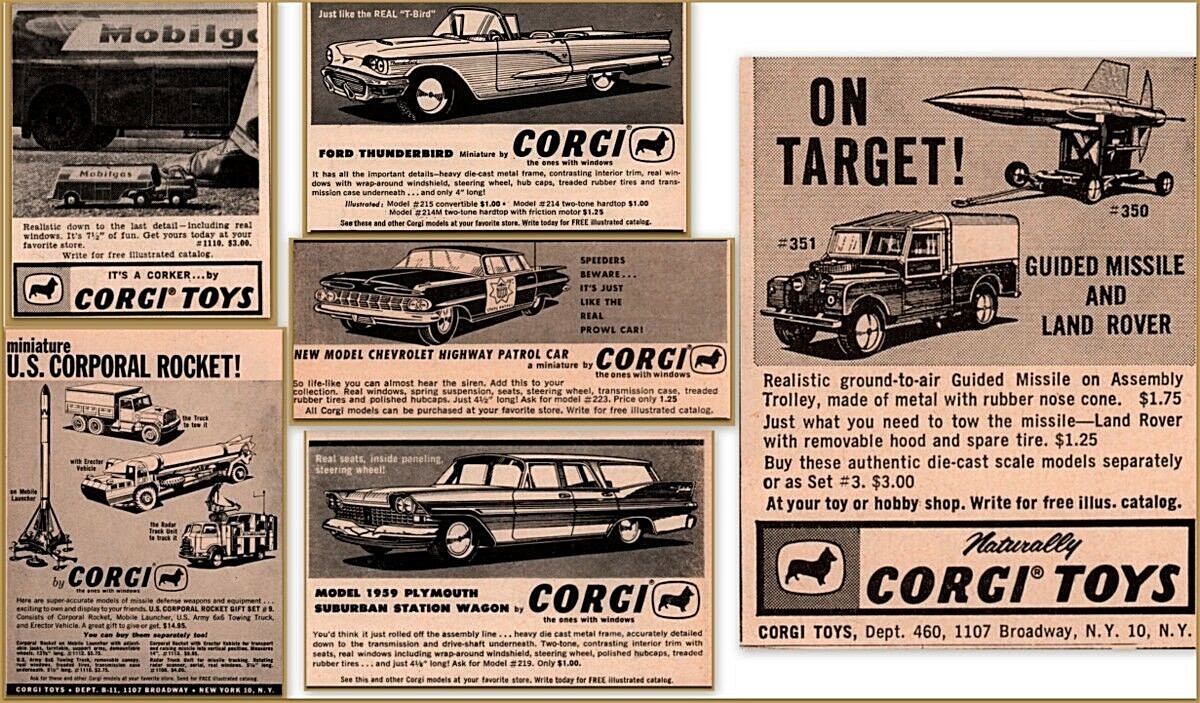 6 1950'S Corgi Police Impala Plymouth Mobil Land Rover Missile Radar Print Ads