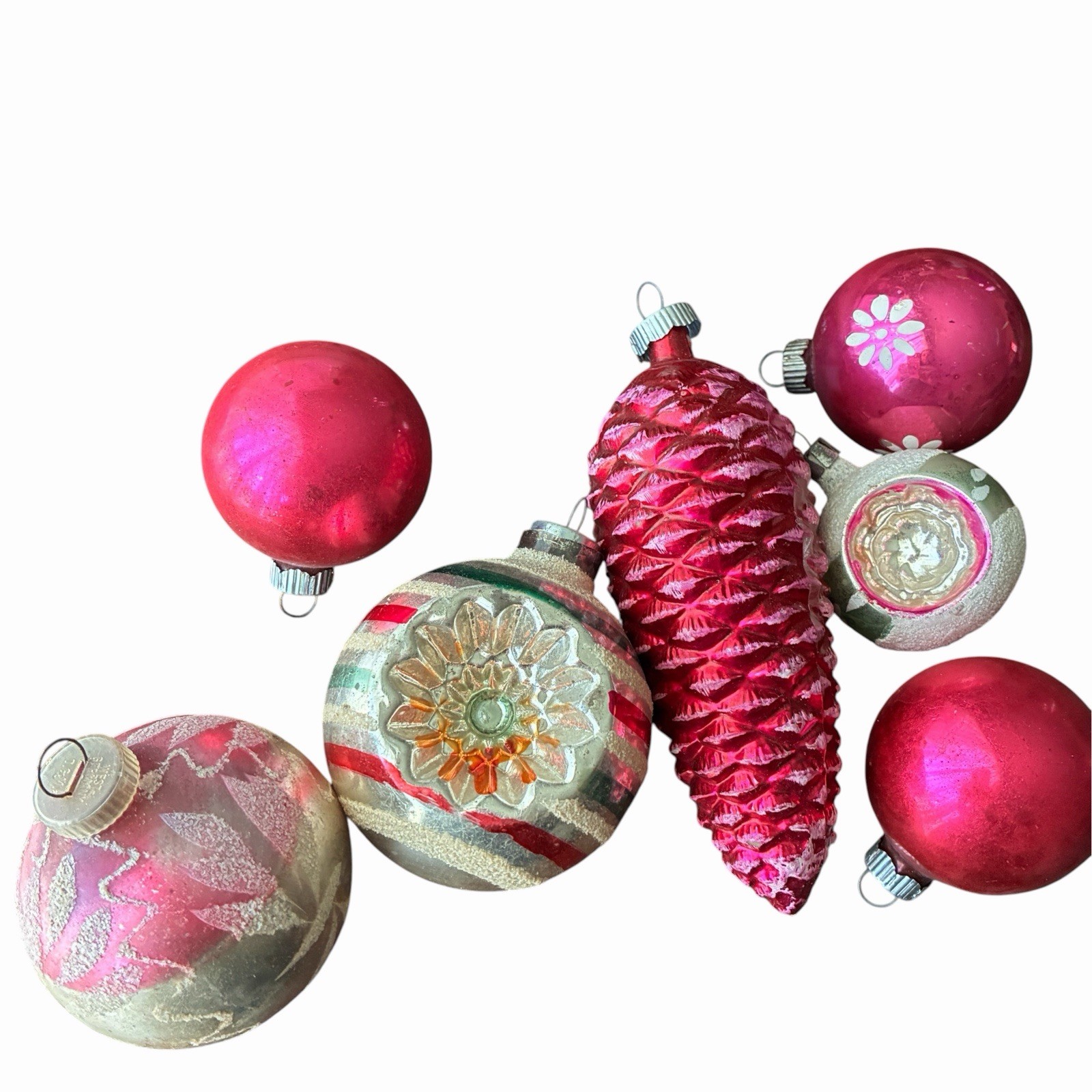 Vintage Shiny Brite Pink Mercury Glass Christmas Ornaments MCM Lot of 7