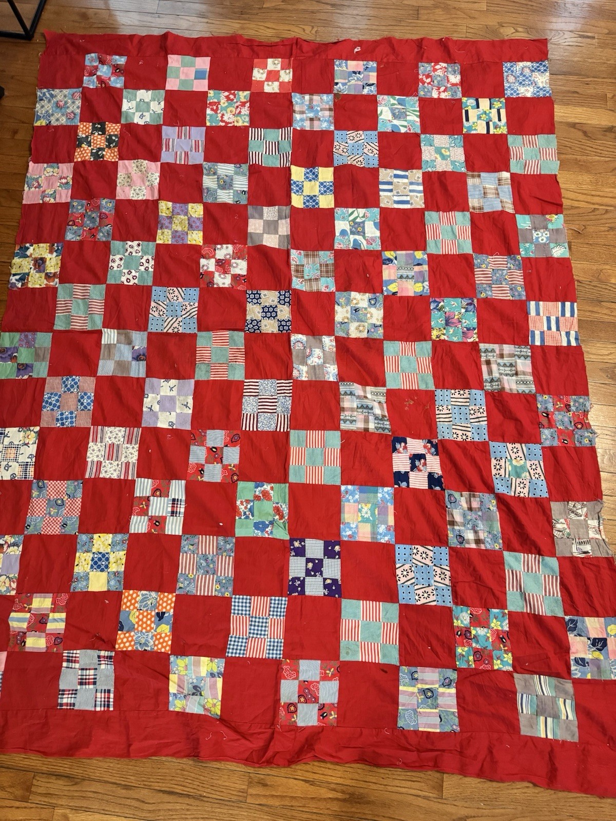 Vtg feedsack fabrics Nine Patch Quilt Top Patchwork Handmade RED 63\
