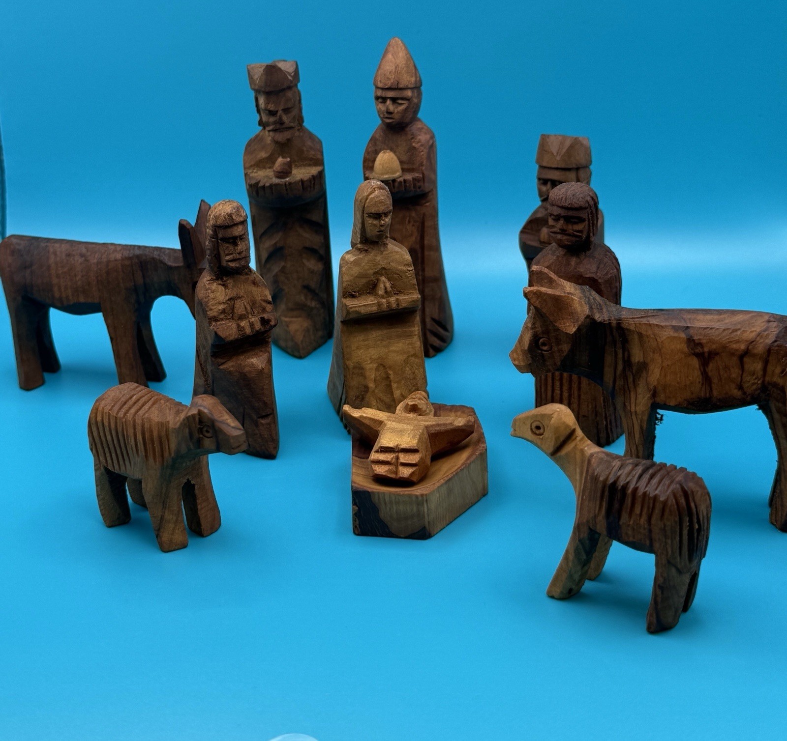 Vintage Hand Carved Olive Wood Nativity Set  12 pieces