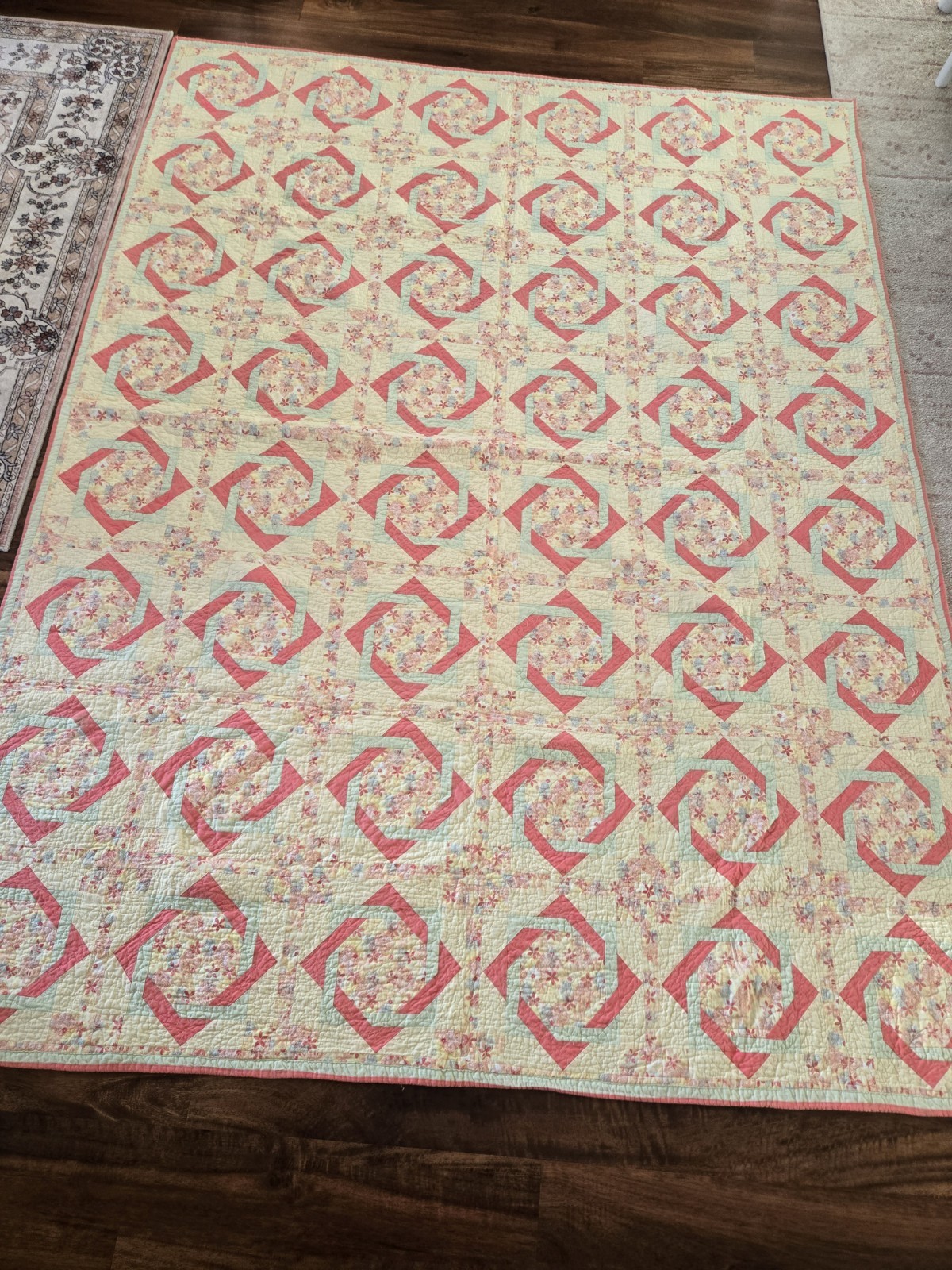 Beautiful Vintage Yellow, Mint Green, Coral Pink Quilt  71